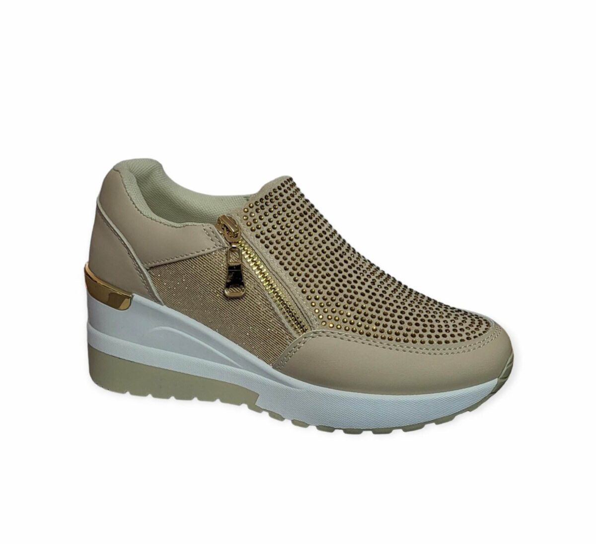 Sneakers Πλατφόρμα Με Στρας Και Διπλό Φερμουάρ - Μπεζ