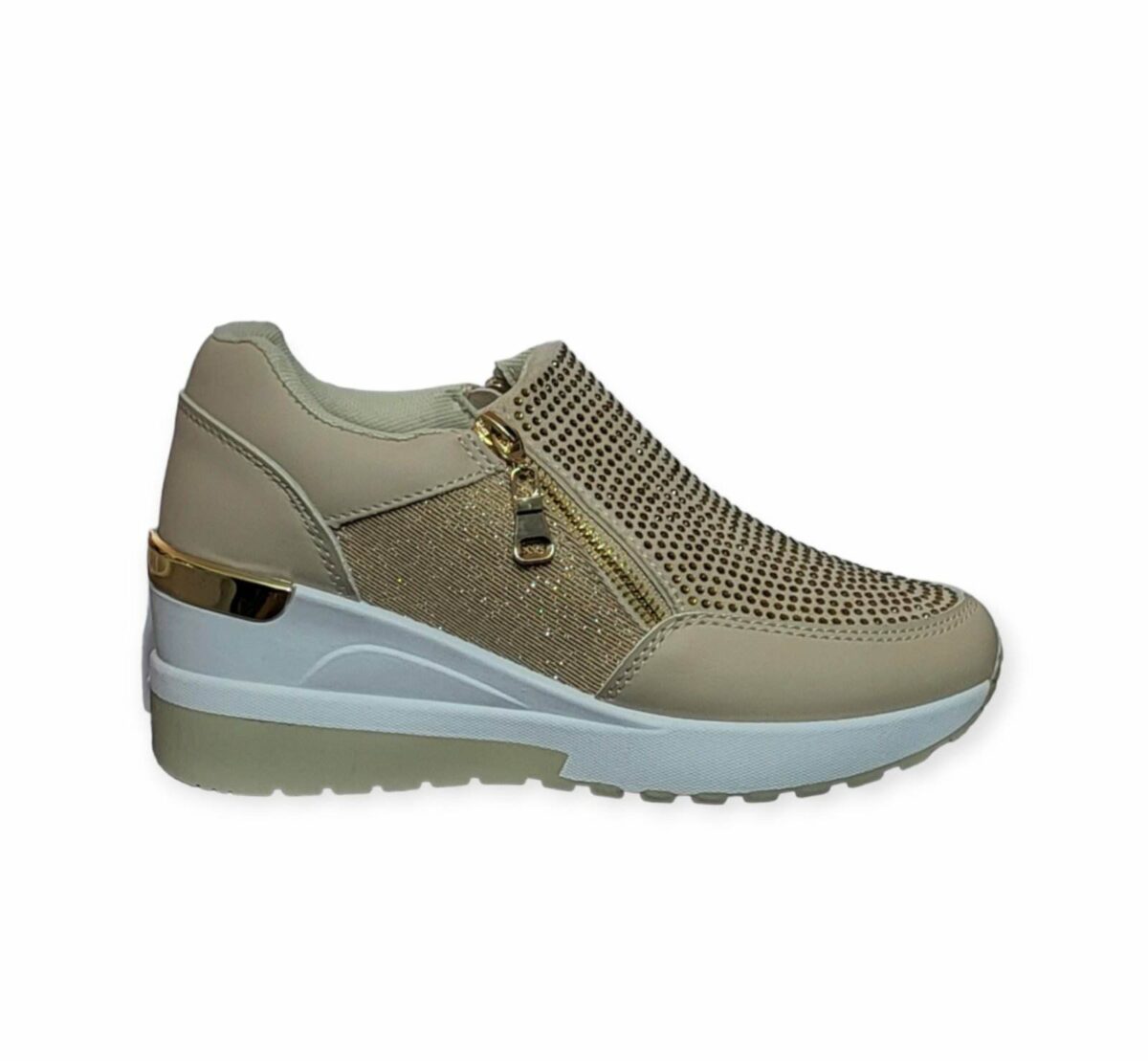 Sneakers Πλατφόρμα Με Στρας Και Διπλό Φερμουάρ - Μπεζ