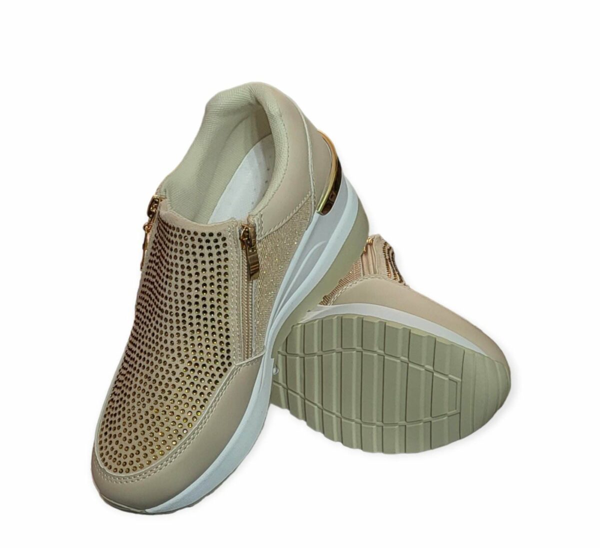Sneakers Πλατφόρμα Με Στρας Και Διπλό Φερμουάρ - Μπεζ