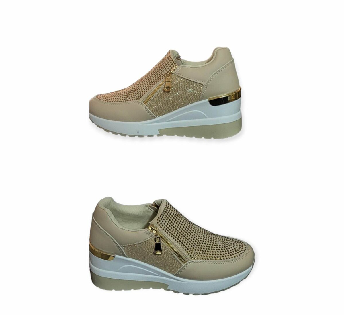 Sneakers Πλατφόρμα Με Στρας Και Διπλό Φερμουάρ - Μπεζ